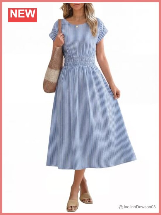 Dresses & Skirts - Casual Midi Dress with Pockets Short Sleeve Crewneck Elastic Waist Flowy Beach